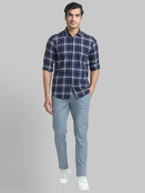 Men Blue Slim Fit Checks Cotton Full Sleeve Shirts - Image 5