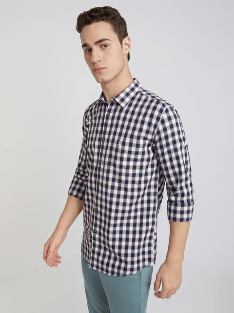 Men Blue Slim Fit Checks Cotton Full Sleeve Shirts - Image 3