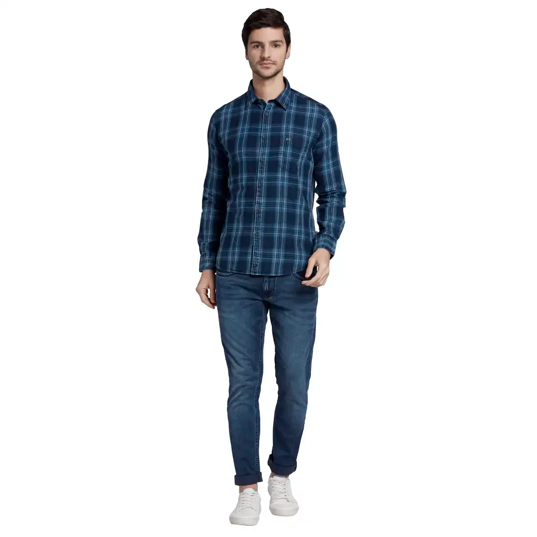 Men Blue Slim Fit Checks Cotton Full Sleeve Shirts - Image 5