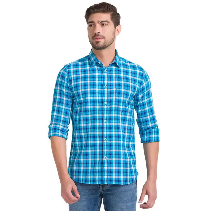 Men Blue Slim Fit Checks Cotton Full Sleeve Shirts