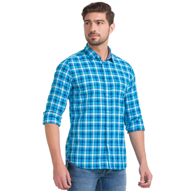 Men Blue Slim Fit Checks Cotton Full Sleeve Shirts - Image 2