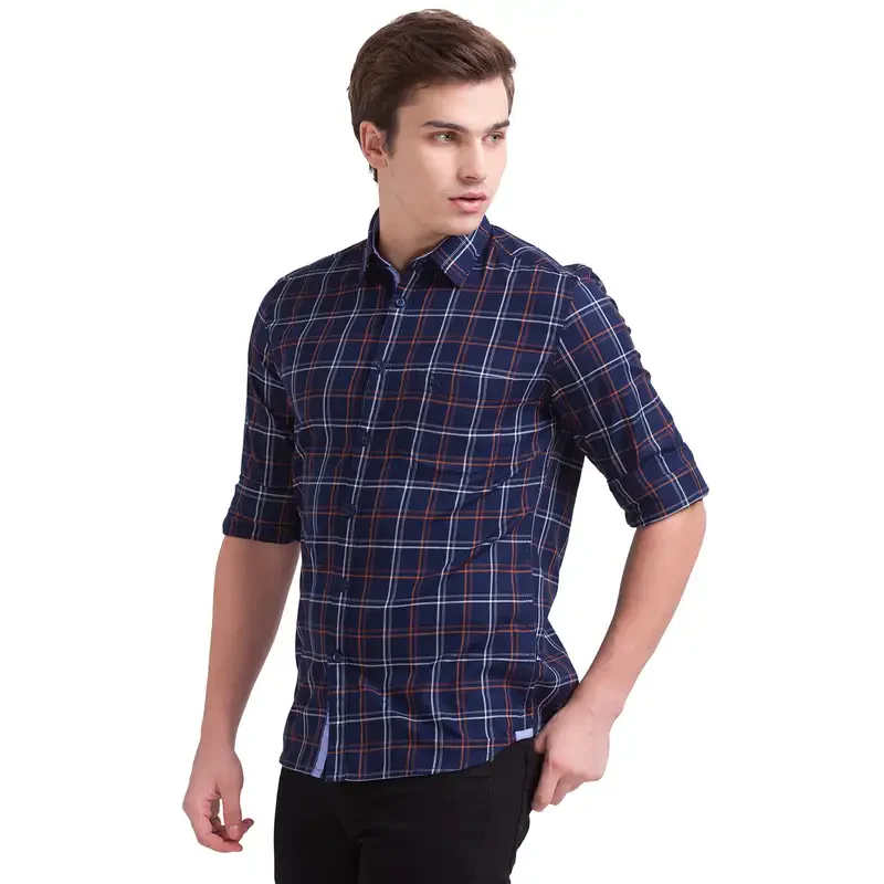 Men Blue Slim Fit Checks Cotton Full Sleeve Shirts - Image 3