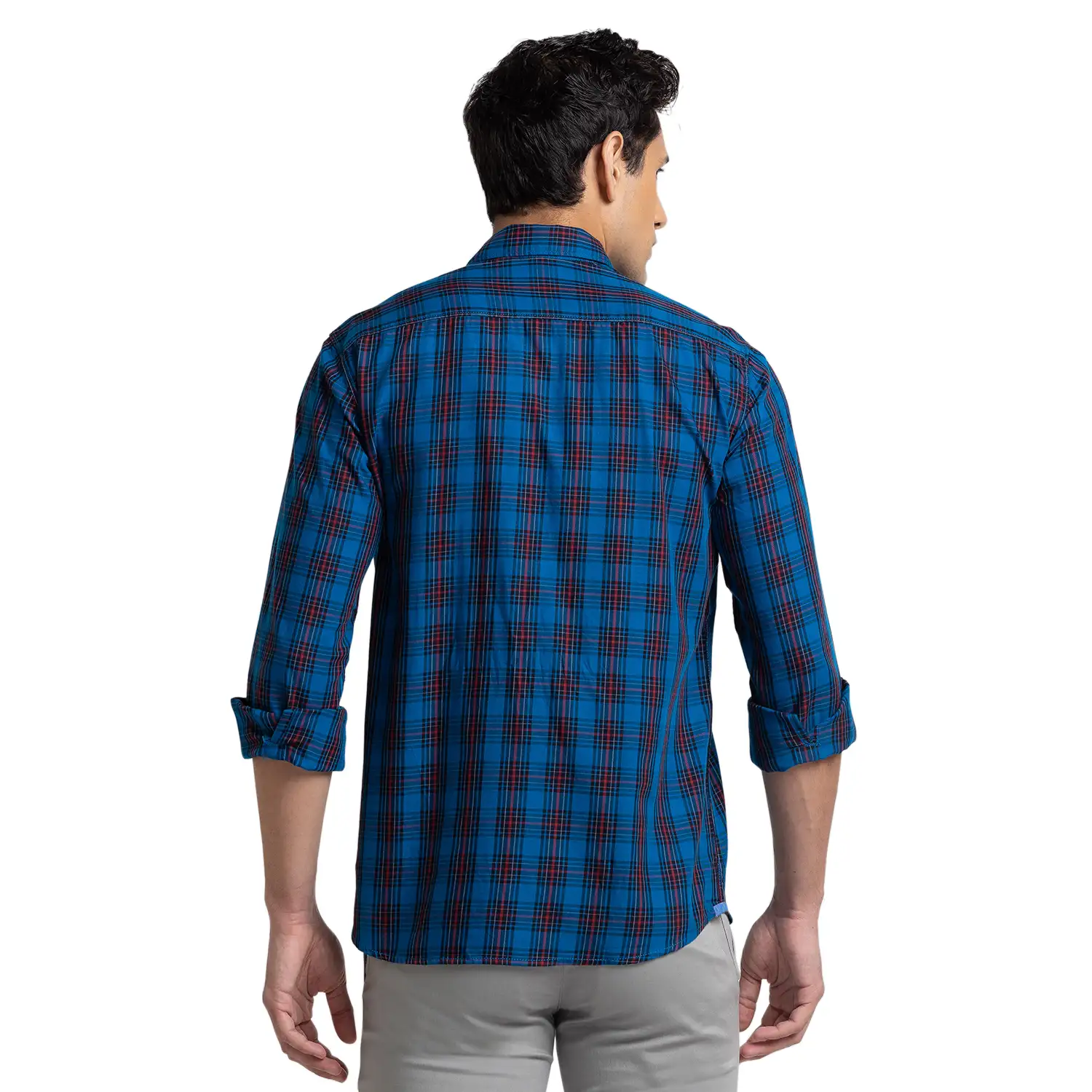 Men Blue Slim Fit Checks Cotton Full Sleeve Shirts - Image 4