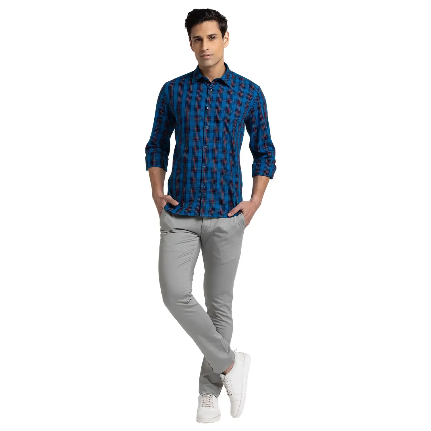 Men Blue Slim Fit Checks Cotton Full Sleeve Shirts - Image 5
