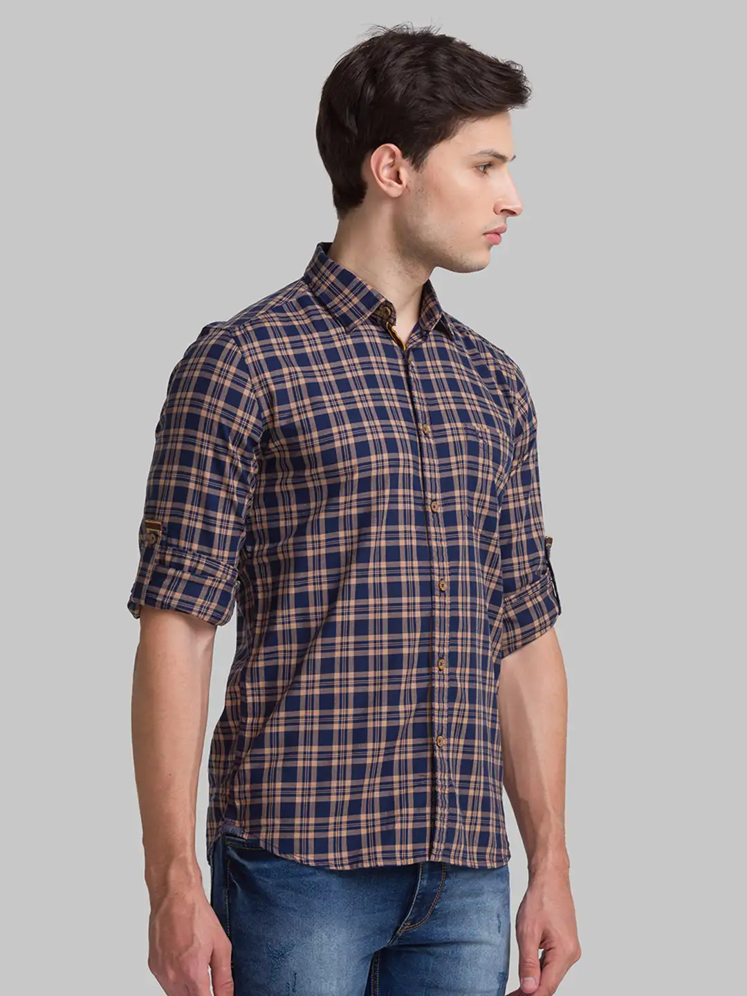 Men Blue Slim Fit Checks Cotton Full Sleeve Shirts - Image 2