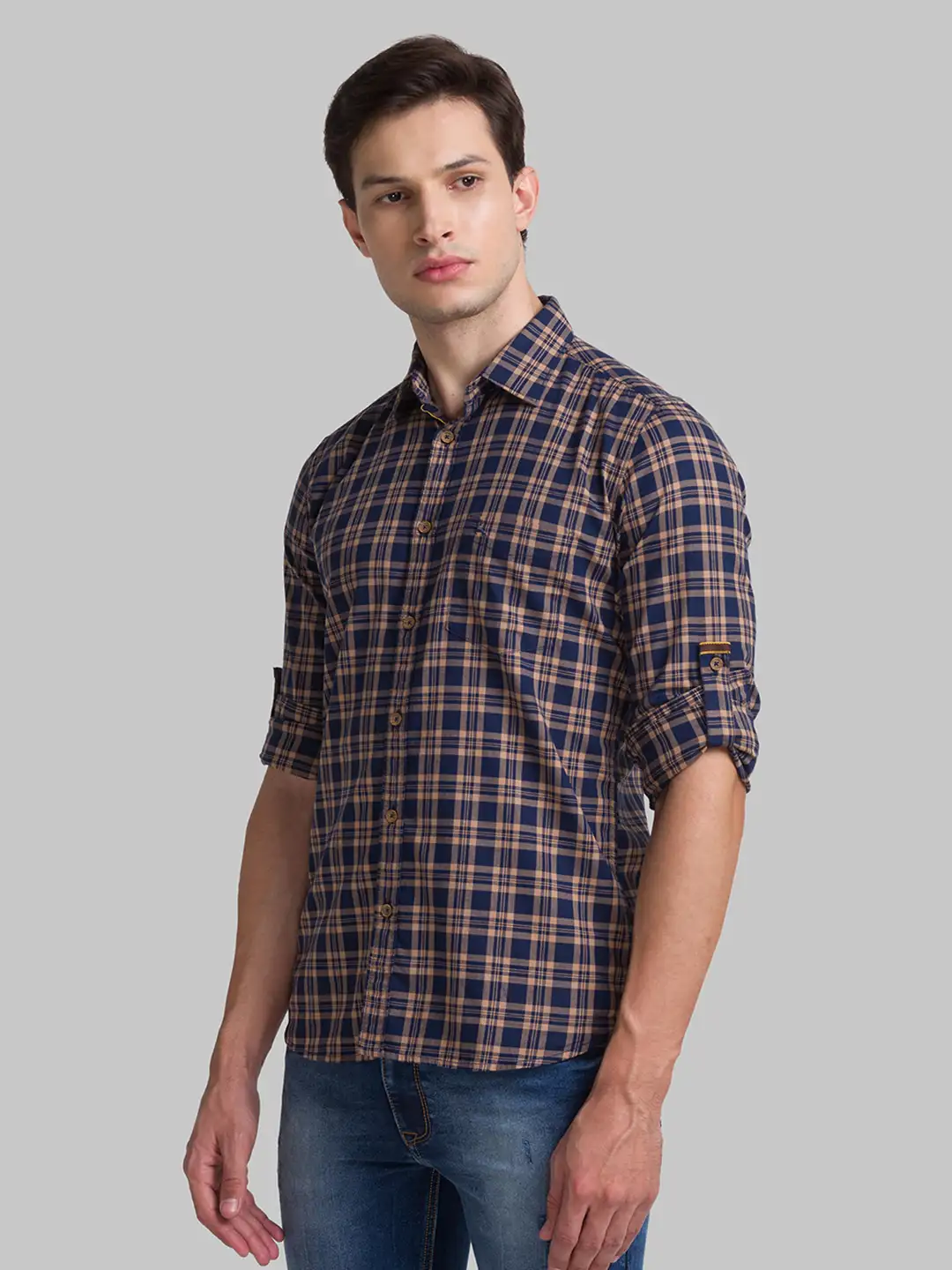 Men Blue Slim Fit Checks Cotton Full Sleeve Shirts - Image 3