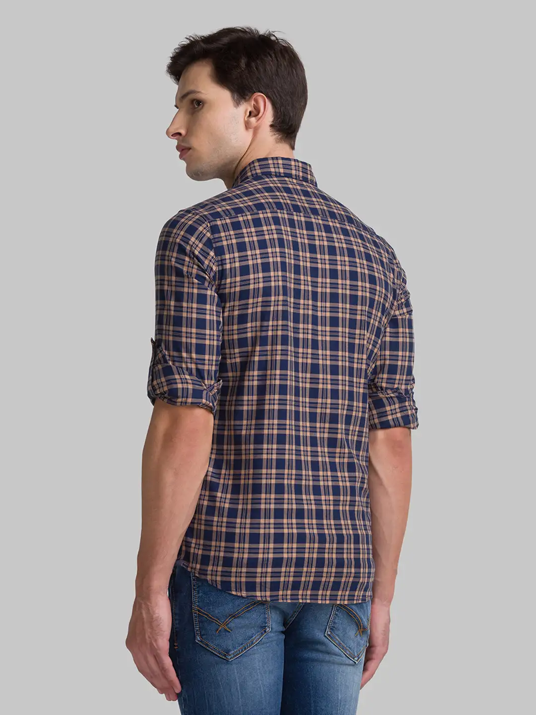 Men Blue Slim Fit Checks Cotton Full Sleeve Shirts - Image 4