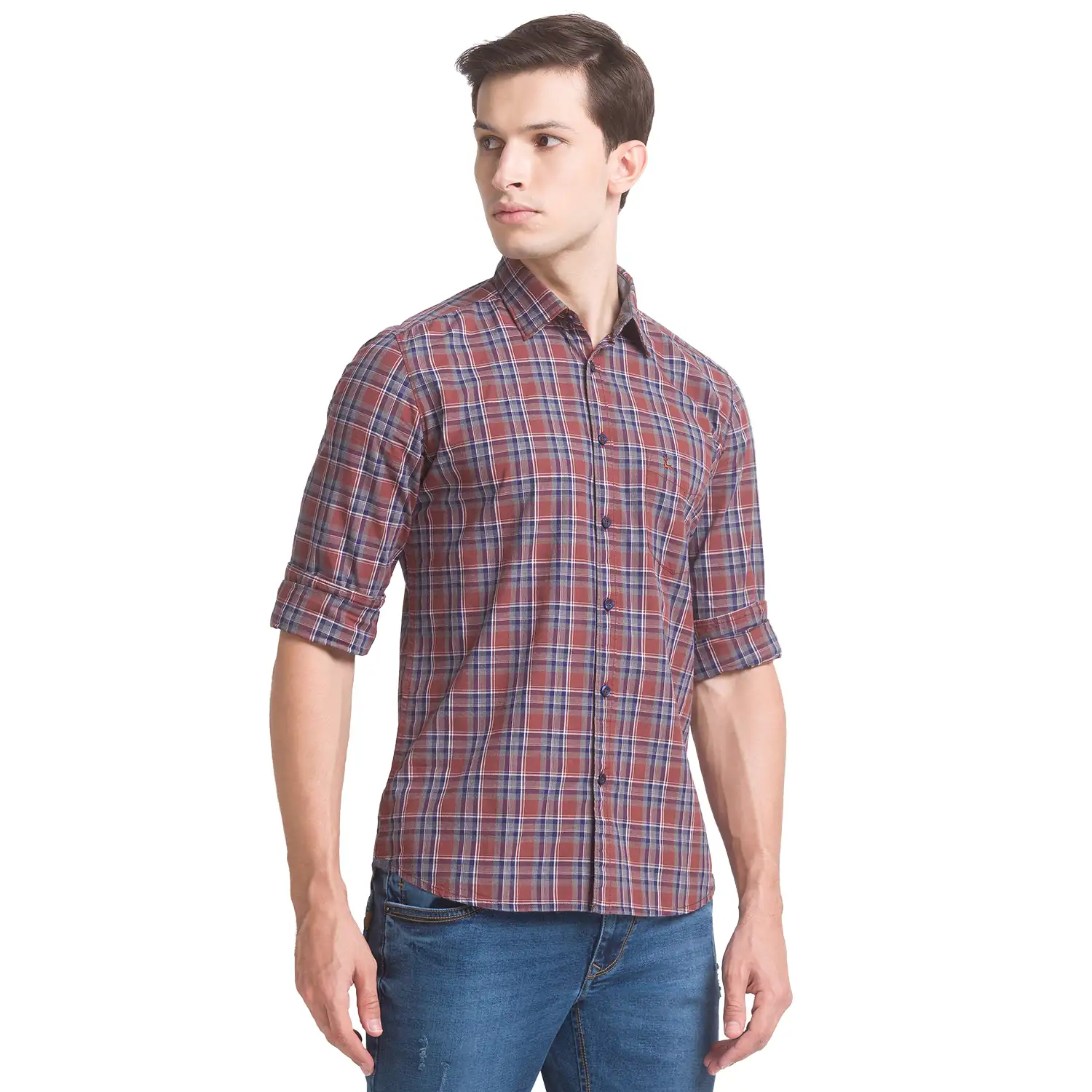 Men Blue Slim Fit Checks Cotton Full Sleeve Shirts - Image 2
