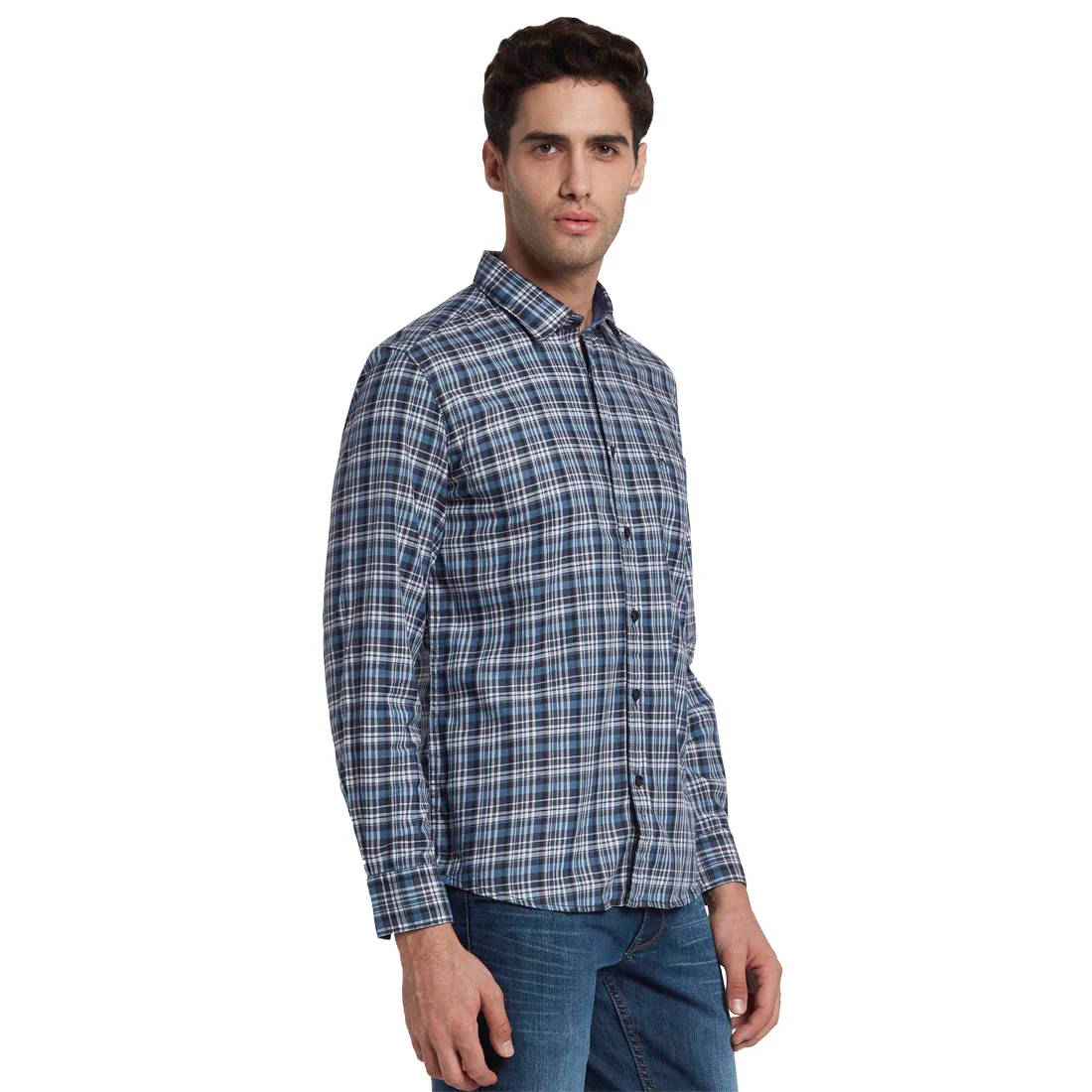 Men Blue Slim Fit Checks Cotton Full Sleeve Shirts - Image 2