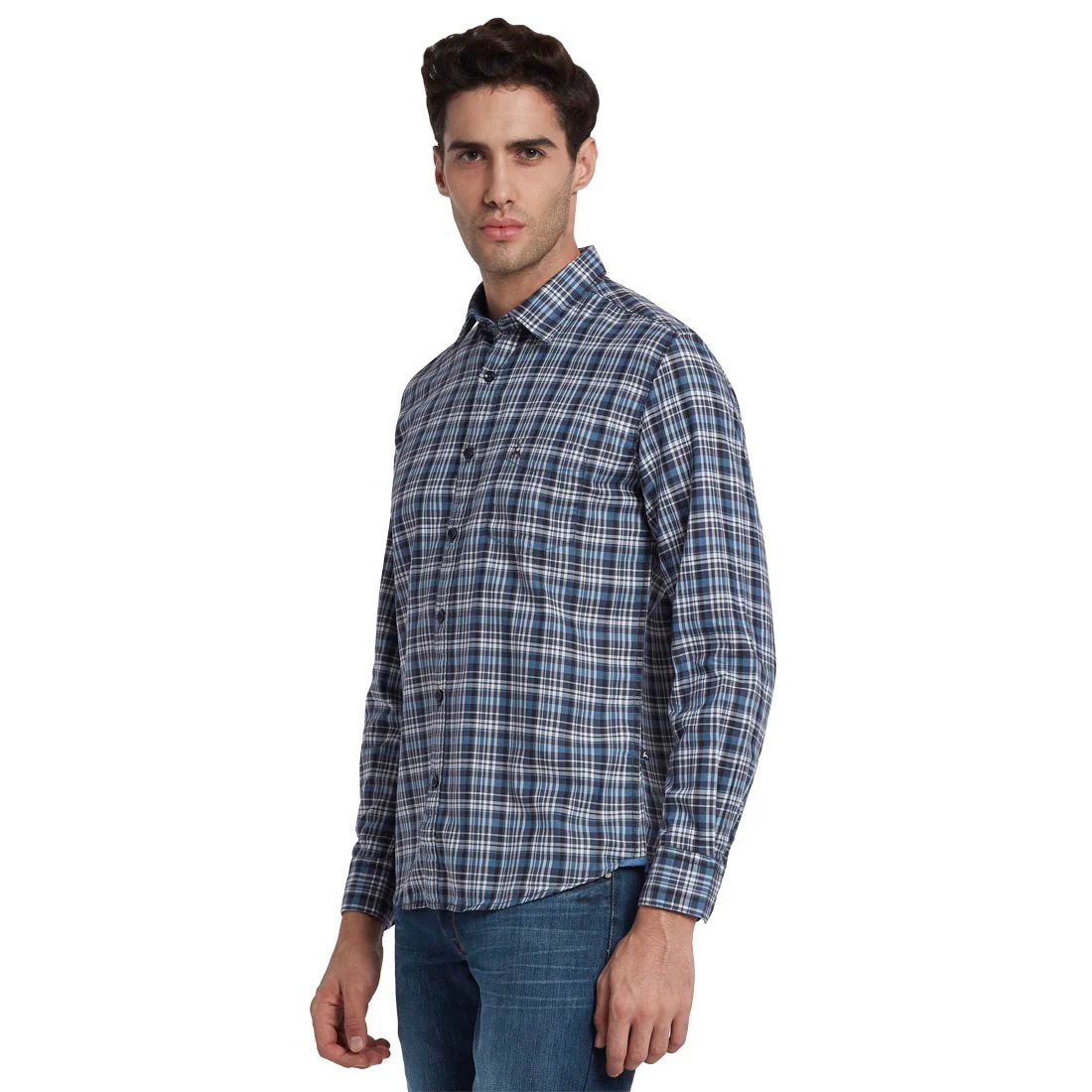 Men Blue Slim Fit Checks Cotton Full Sleeve Shirts - Image 3