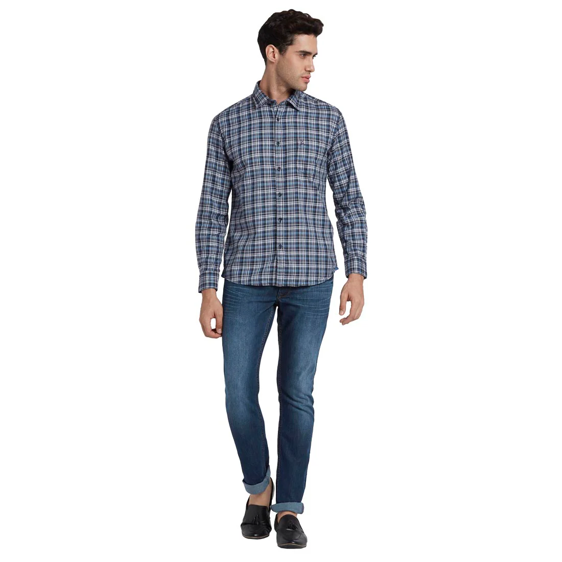 Men Blue Slim Fit Checks Cotton Full Sleeve Shirts - Image 5