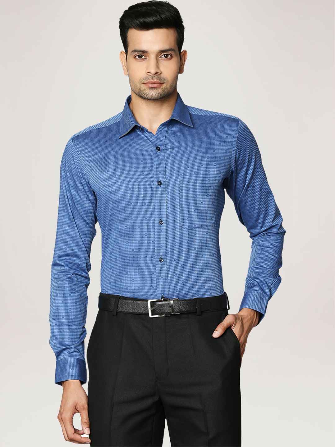 Men Blue Slim Fit Checks Cotton Full Sleeve Shirts - Image 5