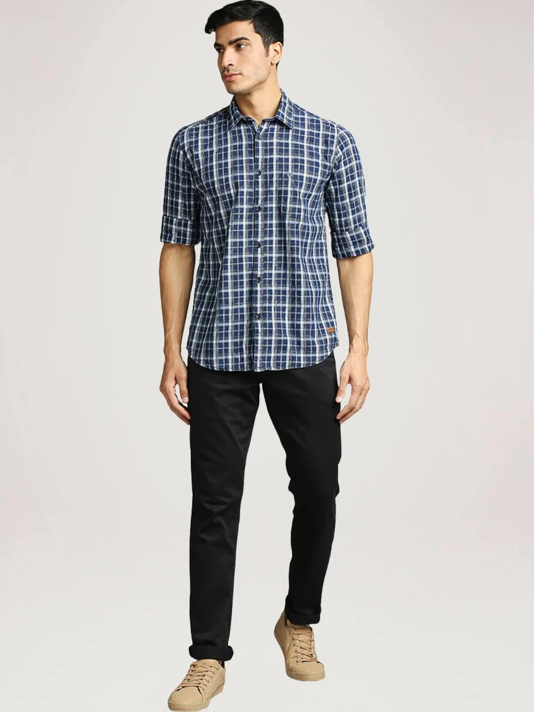 Men Blue Slim Fit Checks Cotton Full Sleeve Shirts