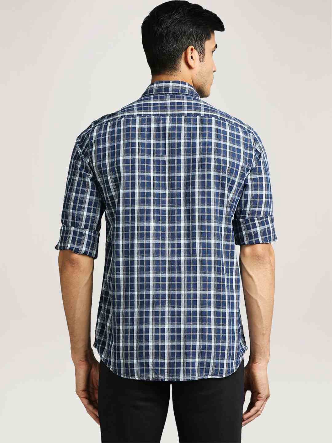 Men Blue Slim Fit Checks Cotton Full Sleeve Shirts - Image 2