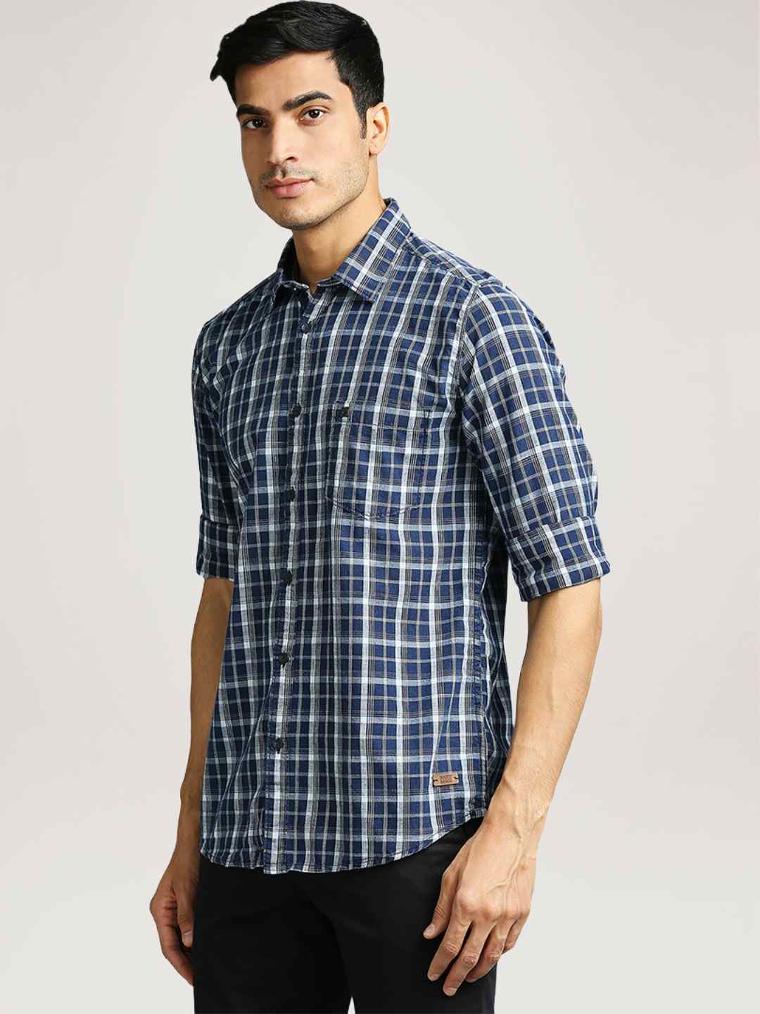 Men Blue Slim Fit Checks Cotton Full Sleeve Shirts - Image 3