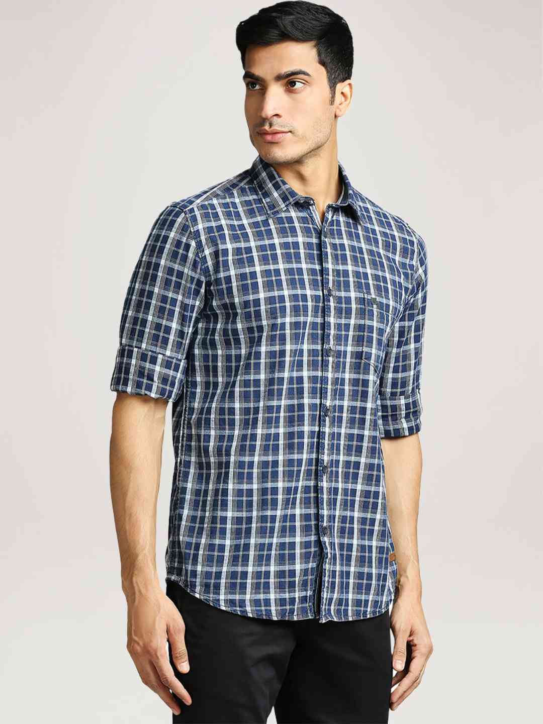 Men Blue Slim Fit Checks Cotton Full Sleeve Shirts - Image 4