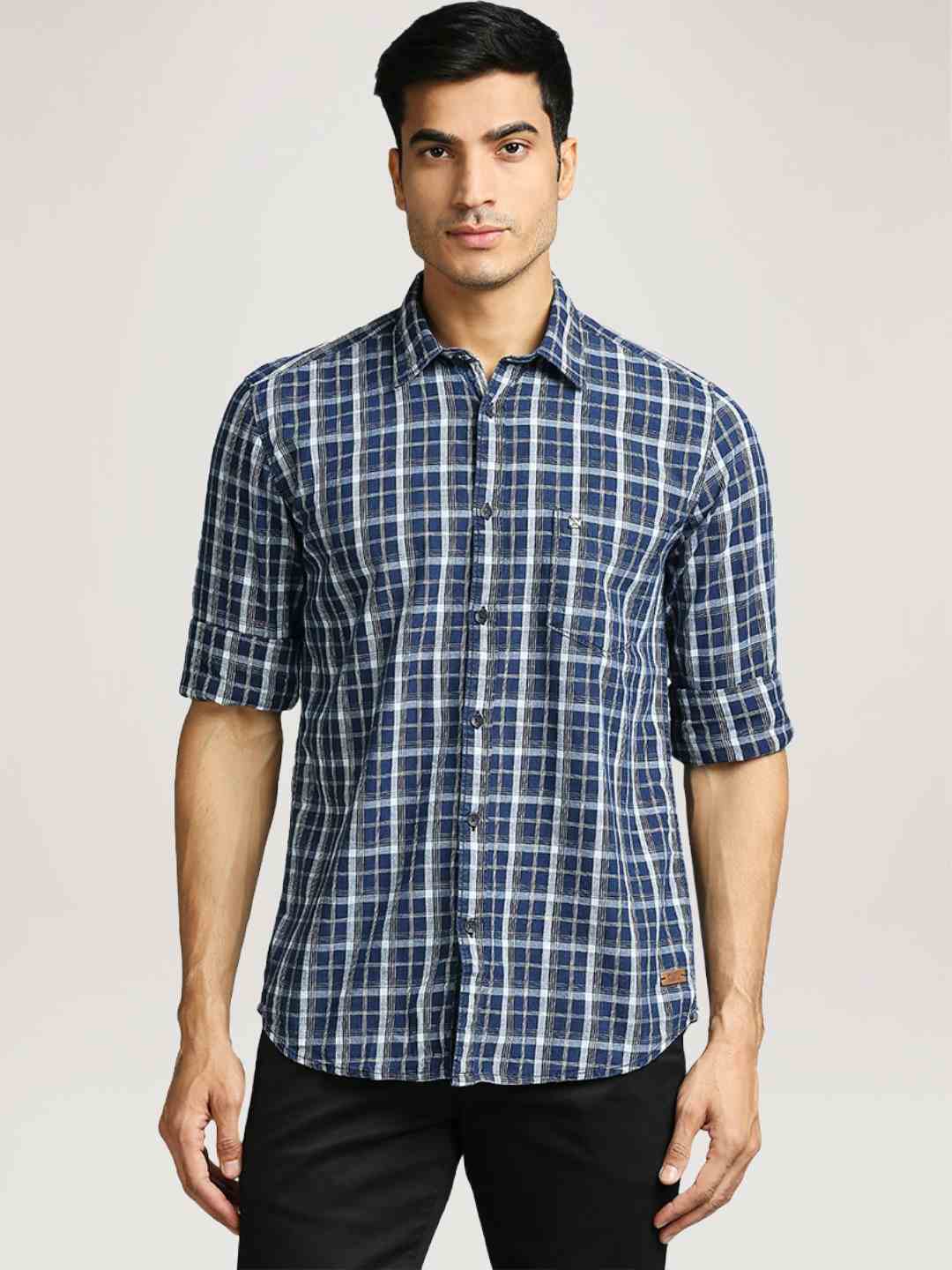 Men Blue Slim Fit Checks Cotton Full Sleeve Shirts - Image 5