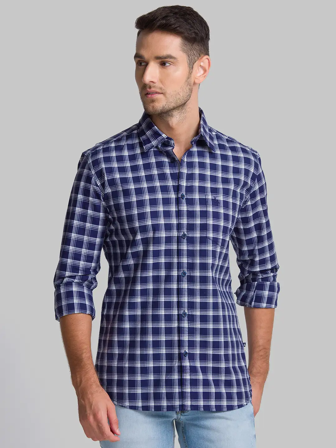 Men Blue Slim Fit Checks Cotton Full Sleeve Shirts