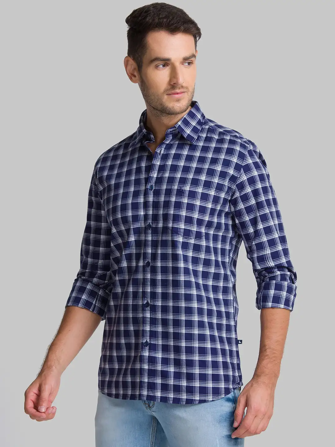 Men Blue Slim Fit Checks Cotton Full Sleeve Shirts - Image 3