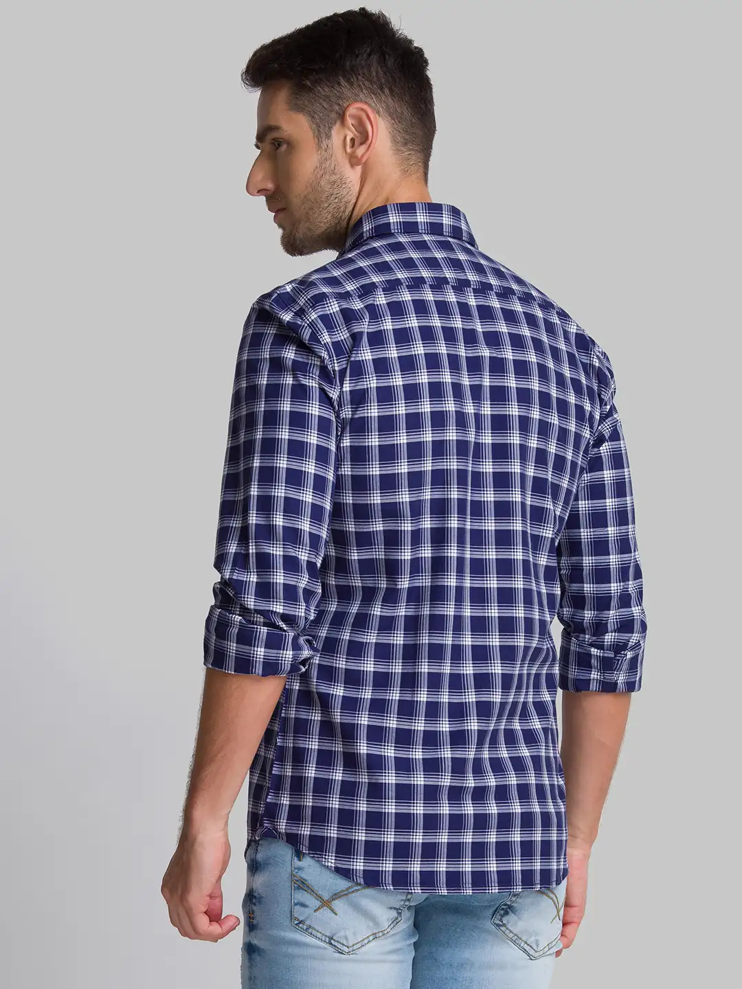 Men Blue Slim Fit Checks Cotton Full Sleeve Shirts - Image 4
