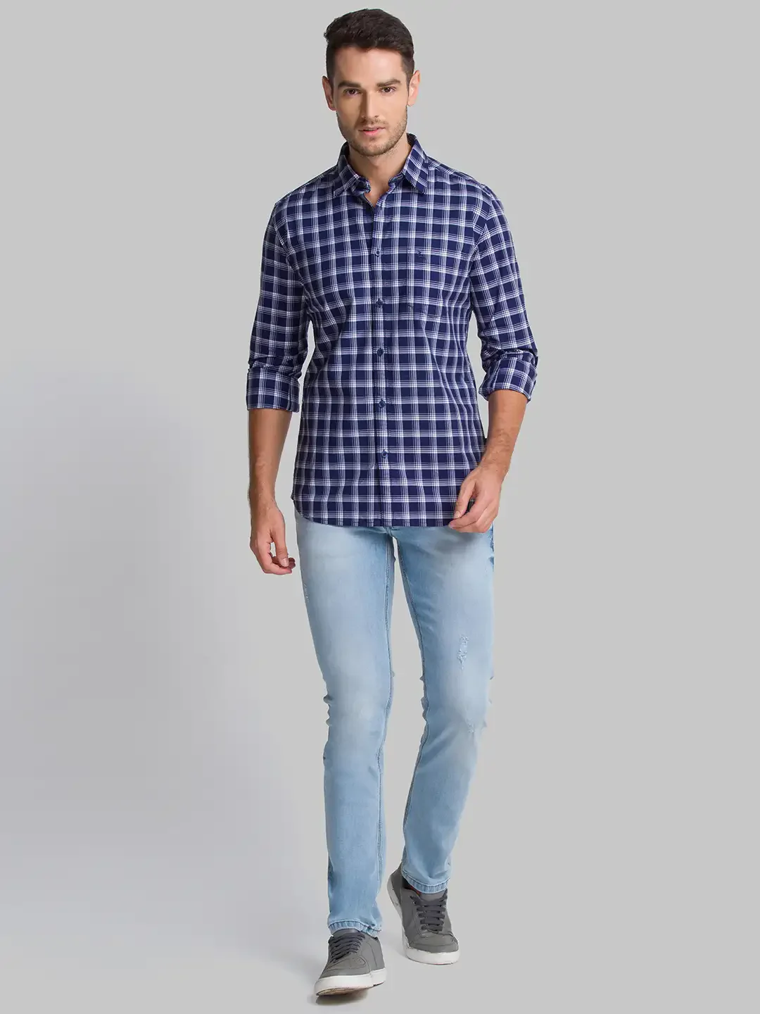 Men Blue Slim Fit Checks Cotton Full Sleeve Shirts - Image 5