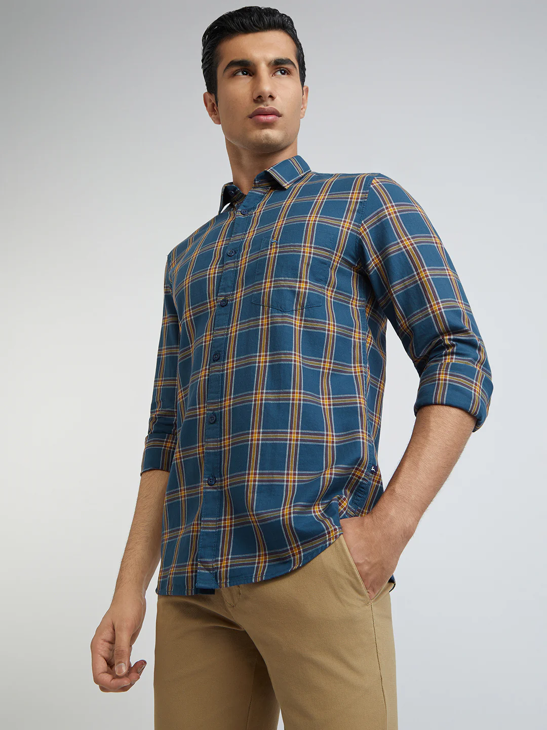 Men Blue Slim Fit Checks Cotton Full Sleeve Shirts - Image 3