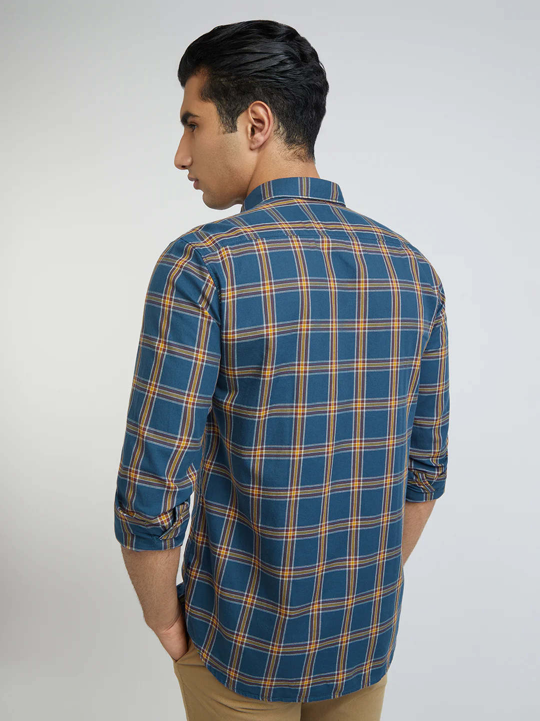 Men Blue Slim Fit Checks Cotton Full Sleeve Shirts - Image 4