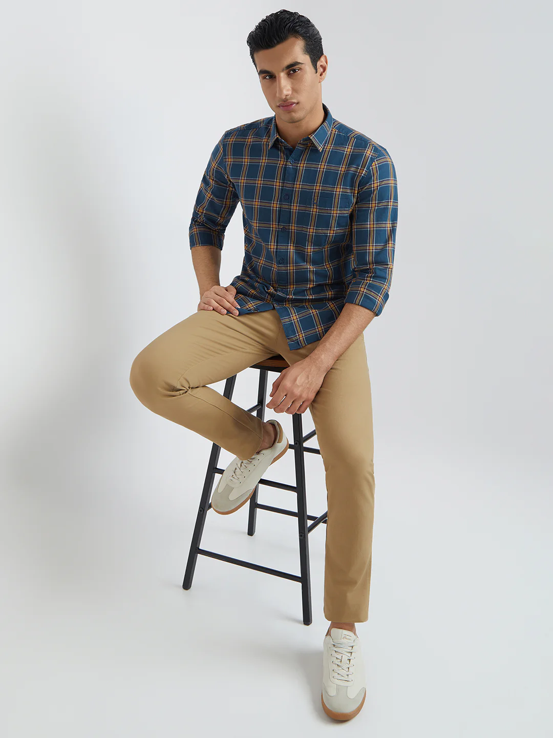 Men Blue Slim Fit Checks Cotton Full Sleeve Shirts - Image 5