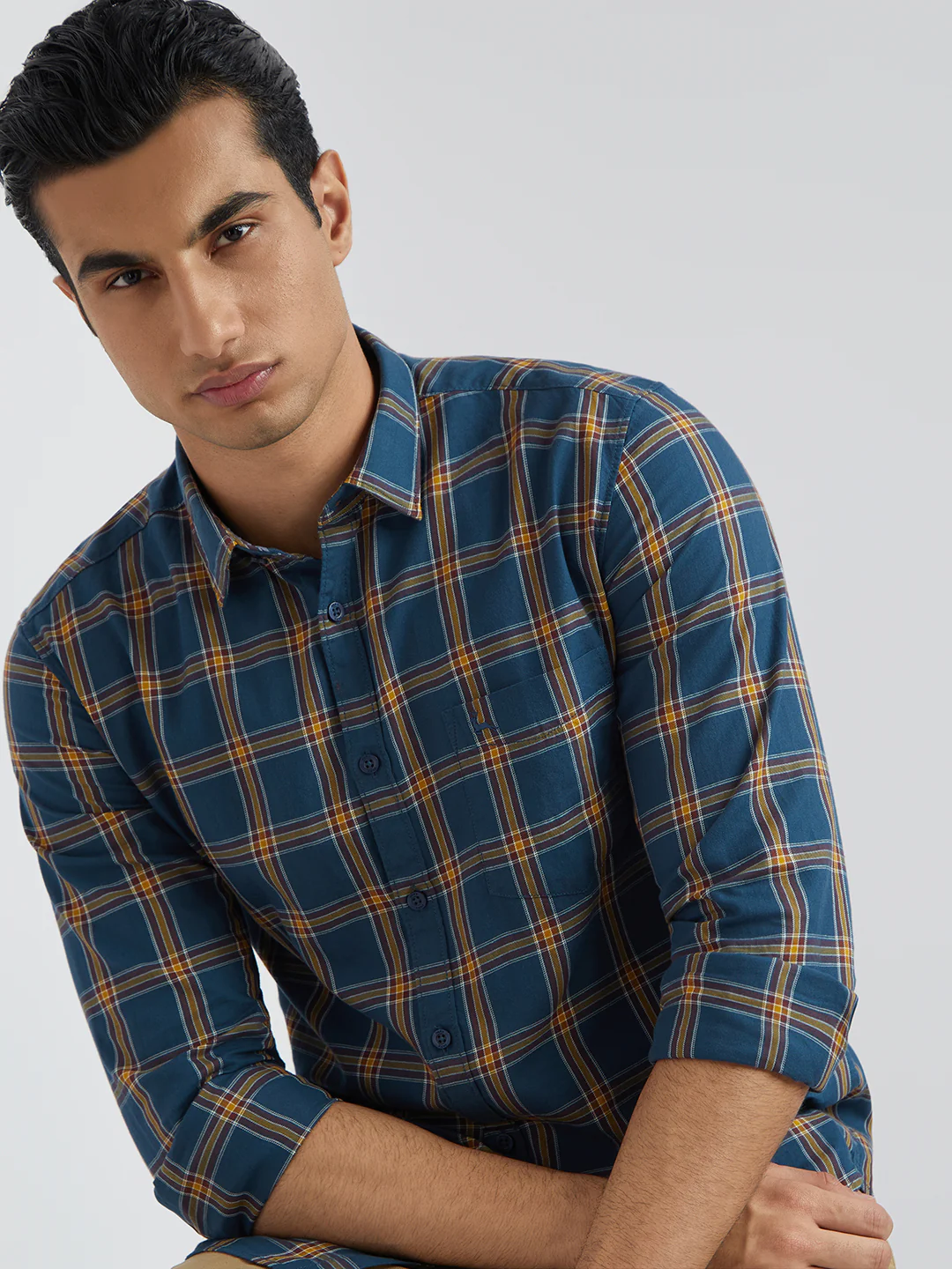 Men Blue Slim Fit Checks Cotton Full Sleeve Shirts - Image 7