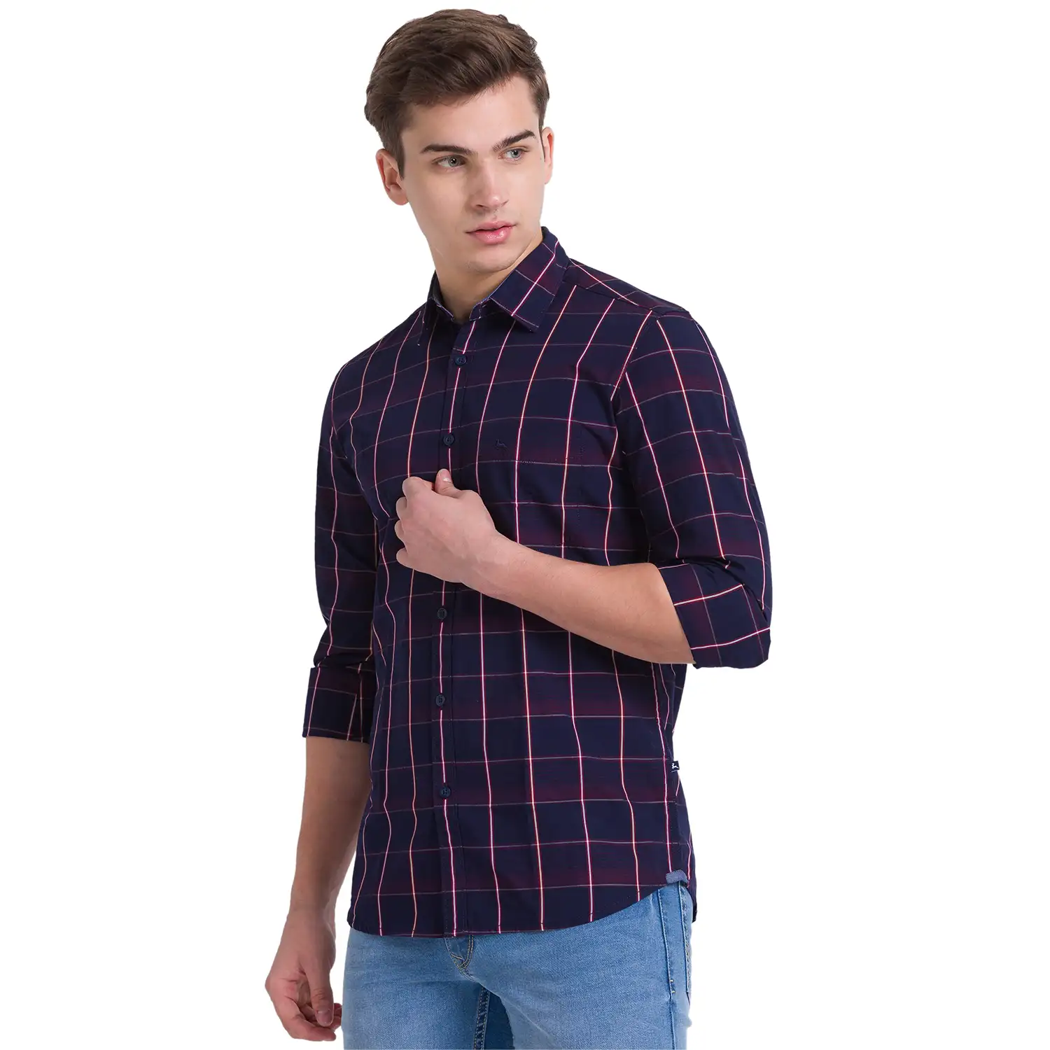 Men Blue Slim Fit Checks Cotton Full Sleeve Shirts - Image 3