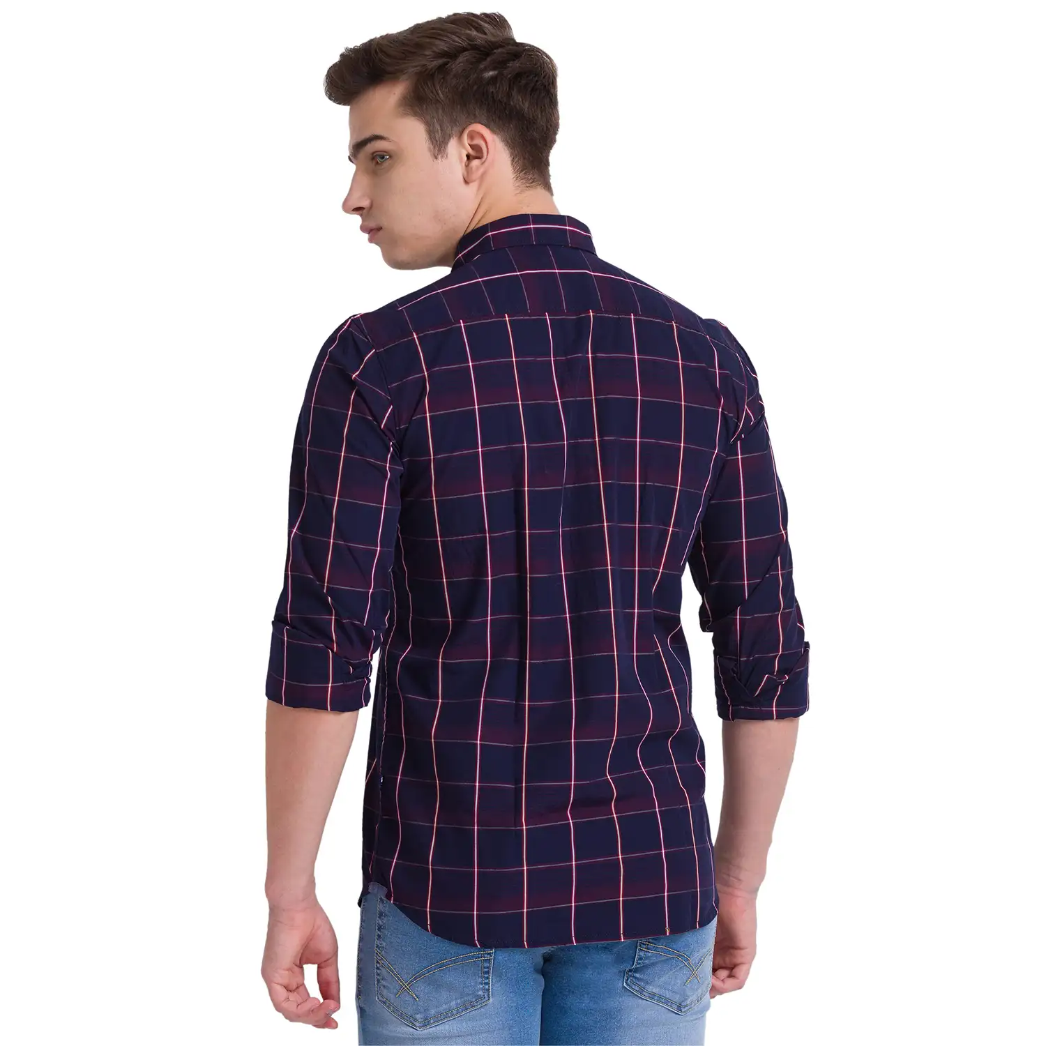 Men Blue Slim Fit Checks Cotton Full Sleeve Shirts - Image 4