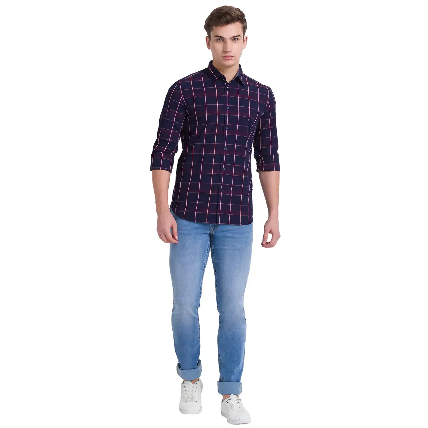 Men Blue Slim Fit Checks Cotton Full Sleeve Shirts - Image 5