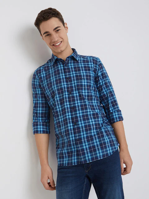 Men Blue Slim Fit Checks Cotton Full Sleeve Shirts