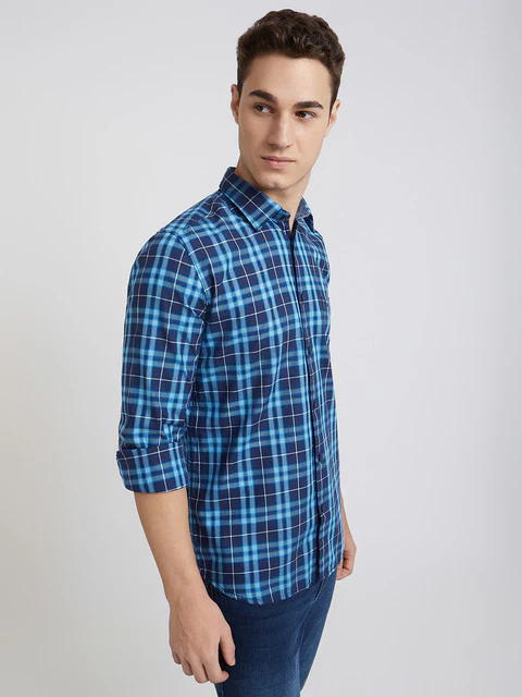 Men Blue Slim Fit Checks Cotton Full Sleeve Shirts - Image 2