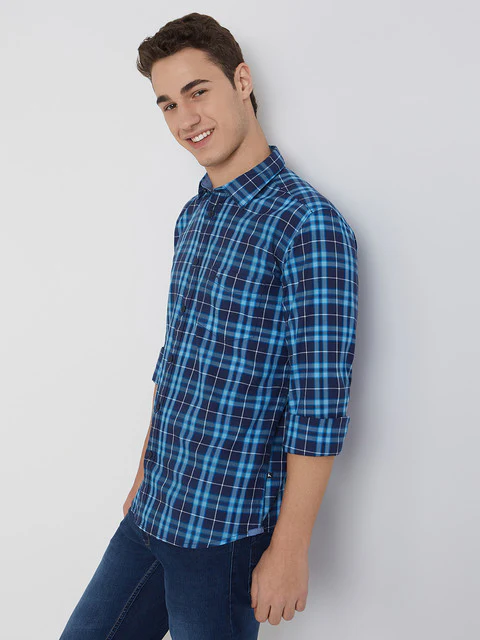 Men Blue Slim Fit Checks Cotton Full Sleeve Shirts - Image 3