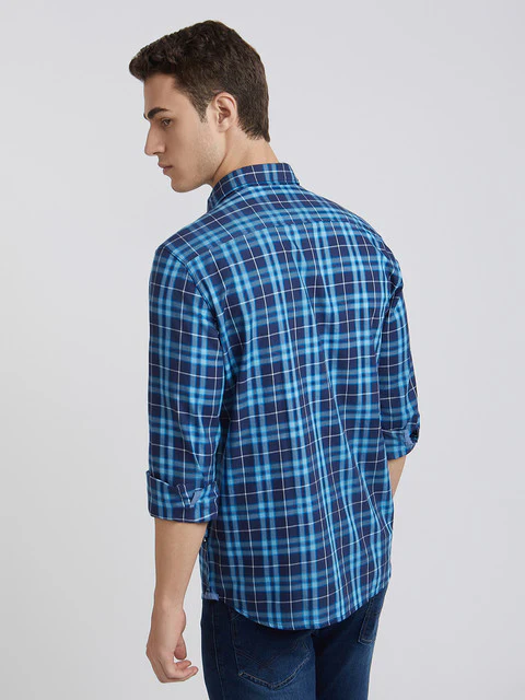 Men Blue Slim Fit Checks Cotton Full Sleeve Shirts - Image 4