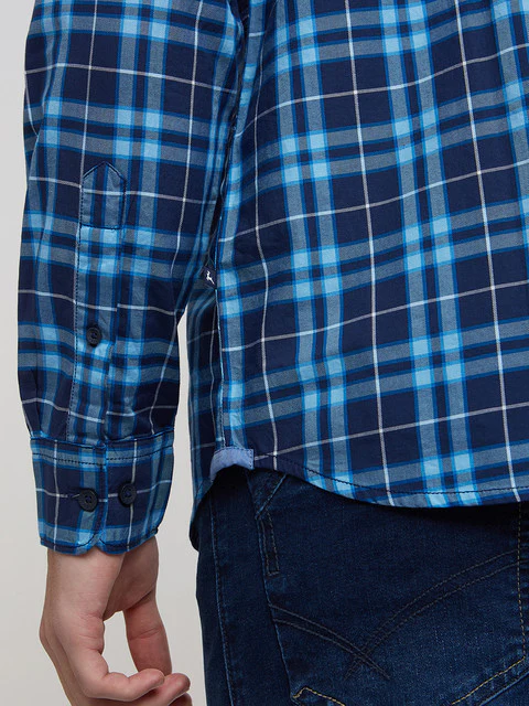 Men Blue Slim Fit Checks Cotton Full Sleeve Shirts - Image 7