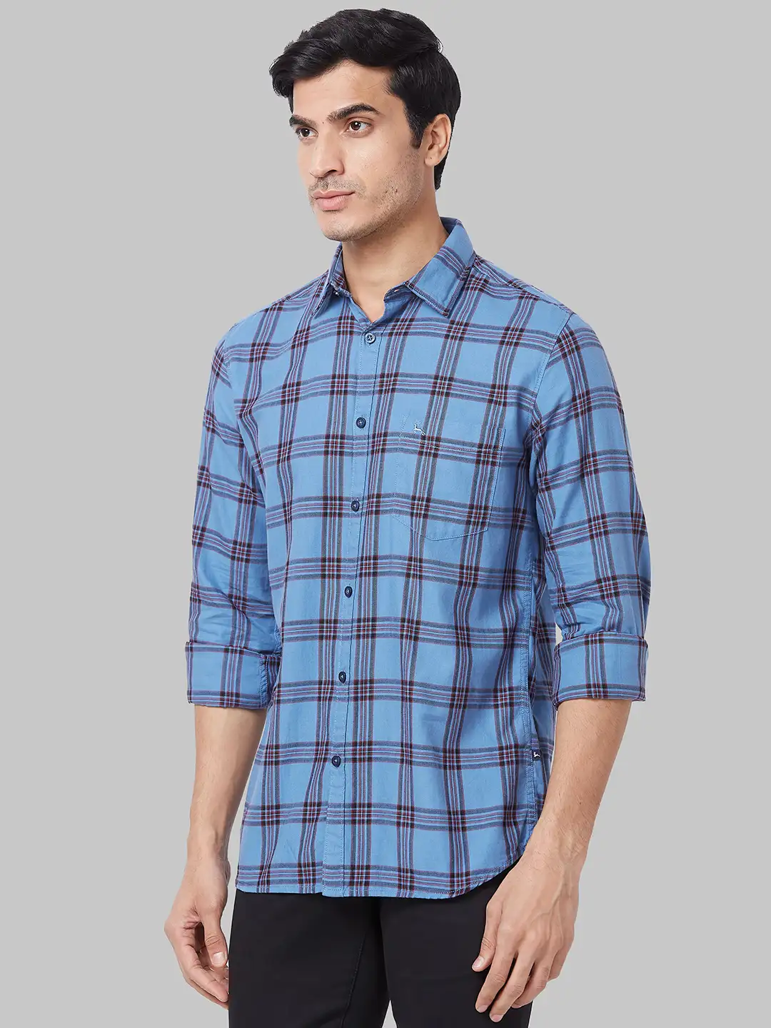 Men Blue Slim Fit Checks Cotton Full Sleeve Shirts - Image 3