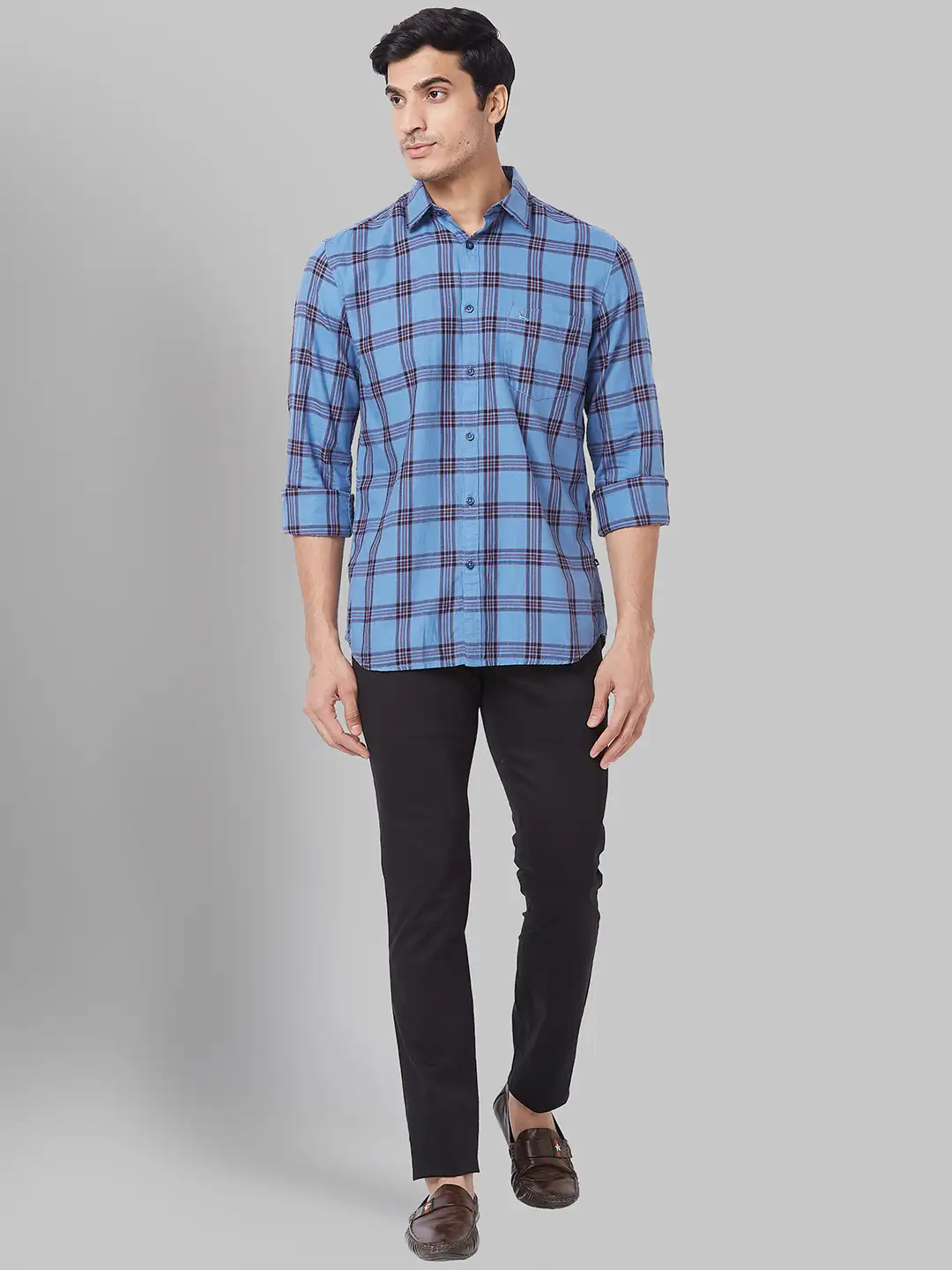 Men Blue Slim Fit Checks Cotton Full Sleeve Shirts - Image 5