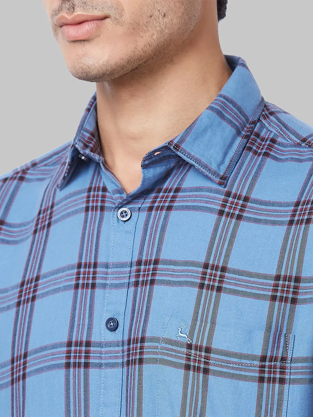Men Blue Slim Fit Checks Cotton Full Sleeve Shirts - Image 6