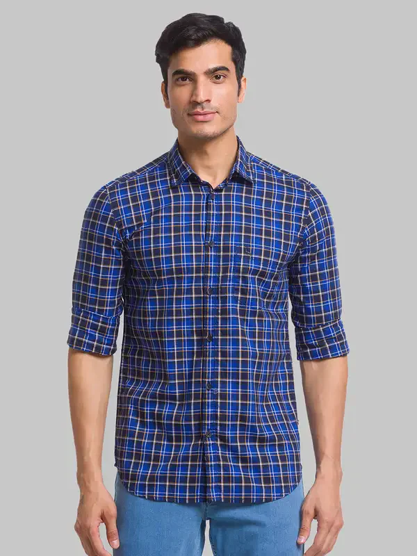 Men Blue Slim Fit Checks Cotton Full Sleeve Shirts