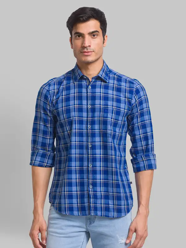 Men Blue Slim Fit Checks Cotton Full Sleeve Shirts