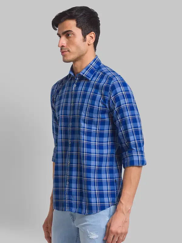 Men Blue Slim Fit Checks Cotton Full Sleeve Shirts - Image 3
