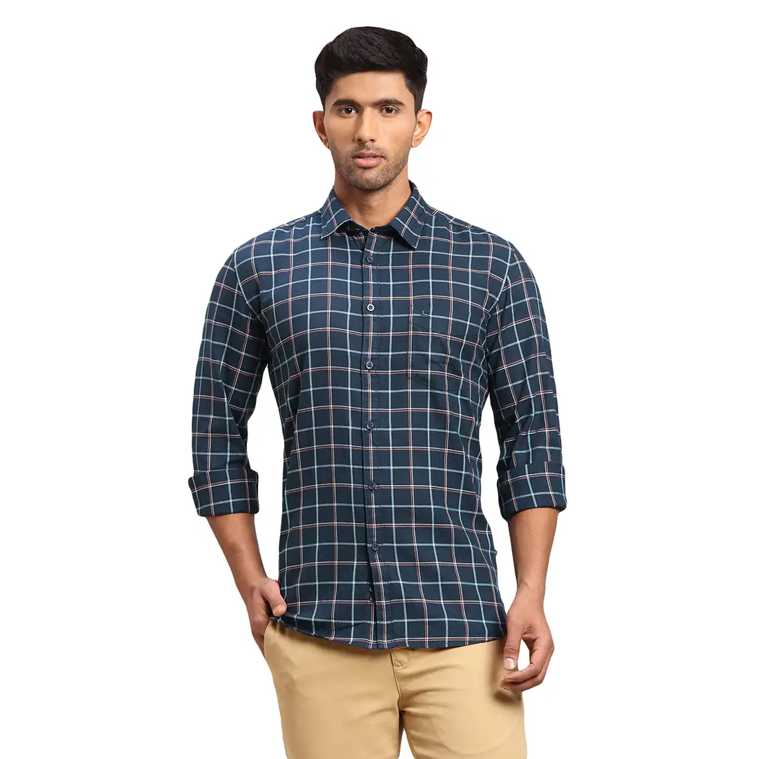 Men Blue Slim Fit Checks Cotton Full Sleeve Shirts - Image 7