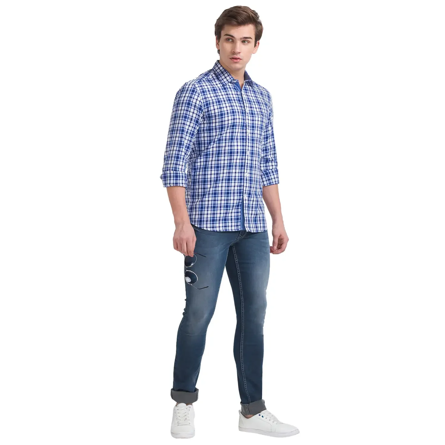 Men Blue Slim Fit Checks Cotton Full Sleeve Shirts - Image 5