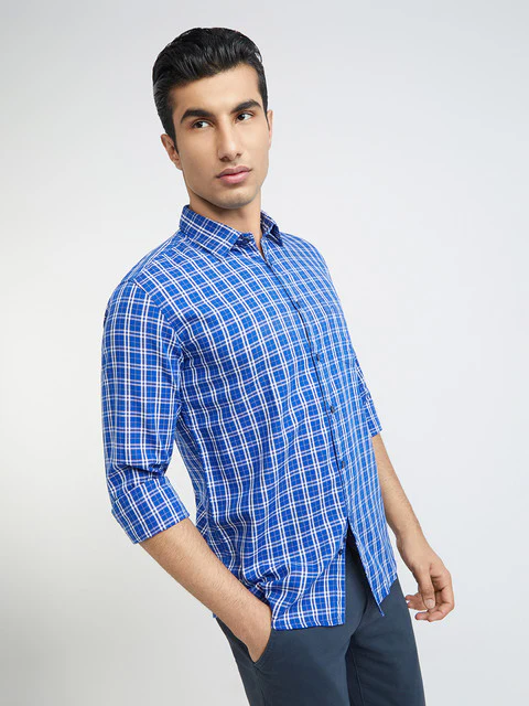 Men Blue Slim Fit Checks Cotton Full Sleeve Shirts - Image 2