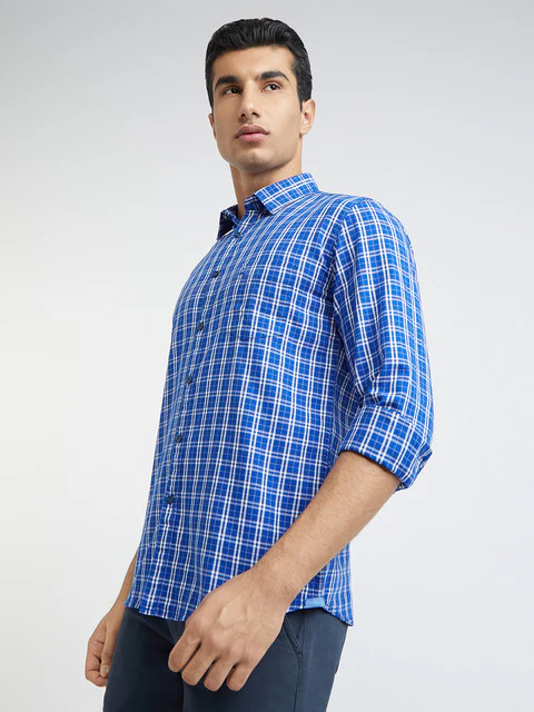 Men Blue Slim Fit Checks Cotton Full Sleeve Shirts - Image 3