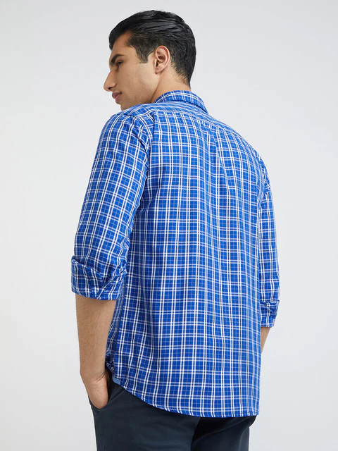 Men Blue Slim Fit Checks Cotton Full Sleeve Shirts - Image 4