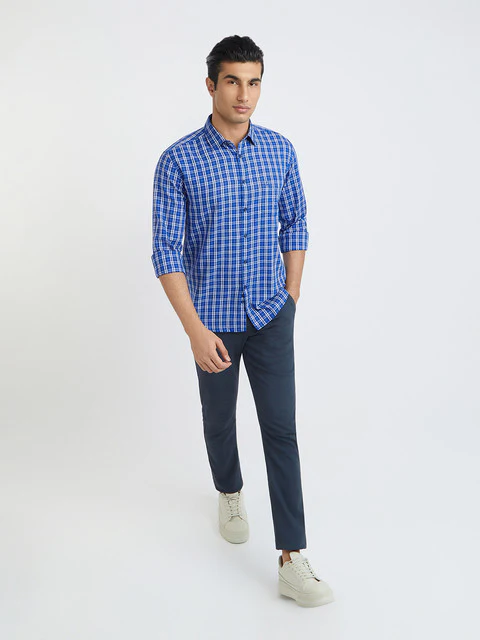Men Blue Slim Fit Checks Cotton Full Sleeve Shirts - Image 5