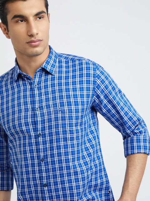 Men Blue Slim Fit Checks Cotton Full Sleeve Shirts - Image 6
